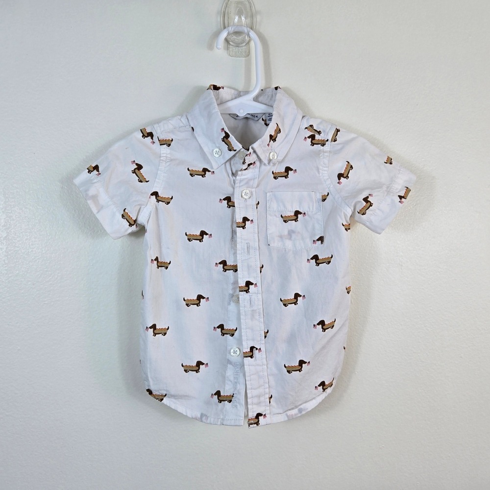 Janie & Jack Baby Boy White Hot Dog Flag Poplin Preppy Button Shirt 12-18Mo USA‎